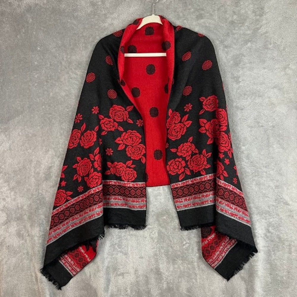 Reversible Ruana Shawl Womens OS Floral 100% Cashmere Romantic Jaquard